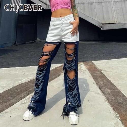 CHICEVER Cut Out Sexy Full Length Denim Pant For Women High Waist Casual Wide Leg Pants Females Summer 2021 Fashion New Clothing