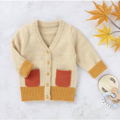 2020 Baby Fashion Long sleeve Cardigan Sweater Infant Boy Girls V-neck Knitted Jacket Patchwork Fashion Winter Warm Coat 0-24M