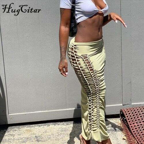 Hugcitar 2021 High Waist Solid Ruched Bandage Hollow Out Skirt Summer Autumn Women Fashion Streetwear Lounge Wear Clothings