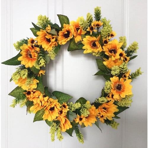 16 Inch Artificial Sunflower Summer Wreath European Sunflower Green Leaves Front Door Indoor Wall Decorative Flower Wreath
