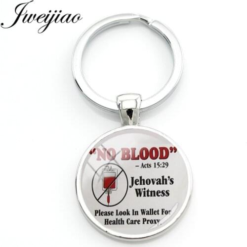 JWEIJIAO Keep Calm and No Blood Key Chain Jehovahs Witnesses Charms Key Ring Glass Cabochon Art Picture Custom Jewelry QF90