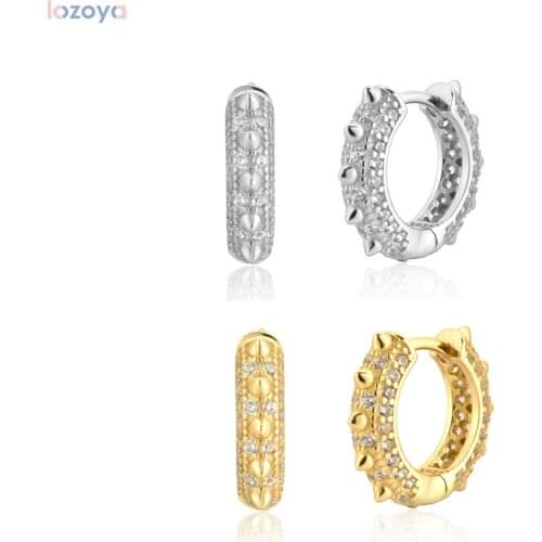 LOZOYA 100% 925 Sterling Silver Gold Spark Huggies Hoops 8mm Circle Luxury Women Fashion Jewelry For Rock Punk Wedding Gift