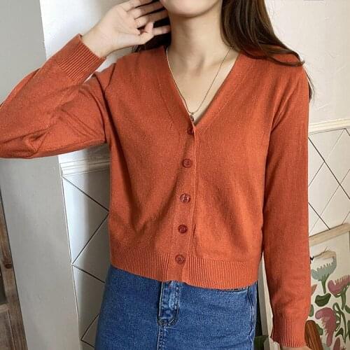 Knitted Short Crop Top Spring Autumn Thin Womens Sweater Long Sleeve V-Neck Open Stitch Sweaters Korean Fashion Women Clothing