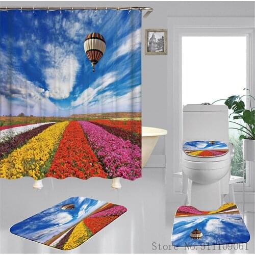 Creative Color Hot Air Balloon 3D Printed Shower Curtain Bathroom Waterproof Partition Curtain Non-slip Toilet Mats Home Decor