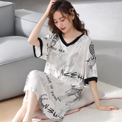 Summer New Female Night Skirt Short Sleeve Temperament In Long Print Female Home Dress Thin Fashion Comfortable Pijamas Women