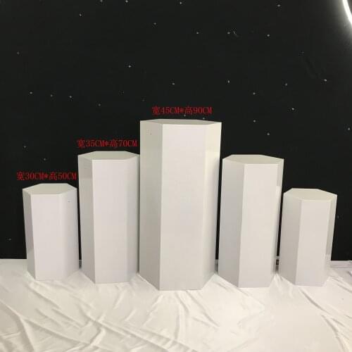 Party floor white iron painting metal geometry frame cylindrical wedding plinth / hexagonal shape metal display plinth se1735