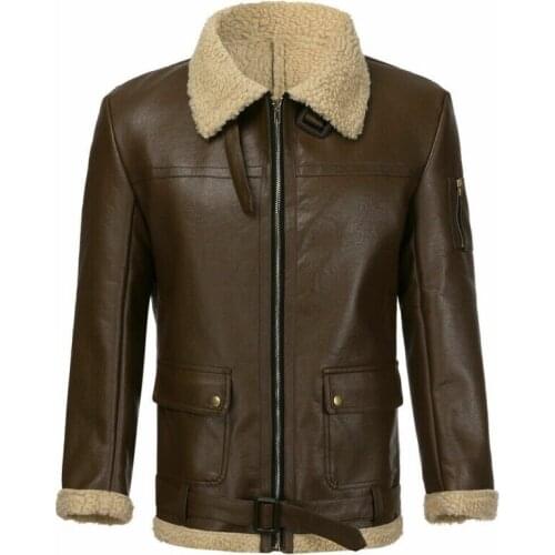 Winter Mens Lamb Wool Lined Leather Jacket Parka Outwear Coat Men Retro Fur Locomotive Jacket Zipper PU Leather Coat Warm