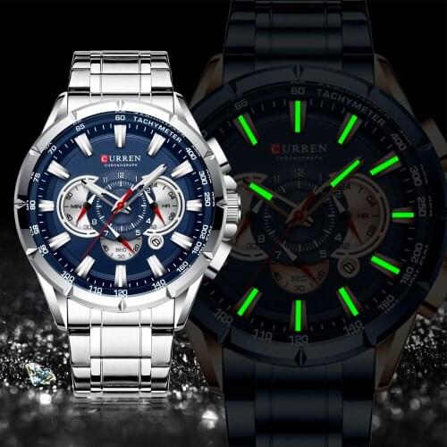 CURREN New Causal Sport Chronograph Mens Watch Stainless Steel Band Wristwatch Big Dial Quartz Watches with Luminous Pointers