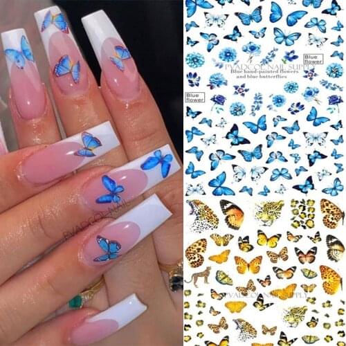 Butterfly Stickers Nail Art Blue Butterflies Flowers Rose 3D Transfer Decals Acrylic Designs Back Glue Adhesive Manicure Slider