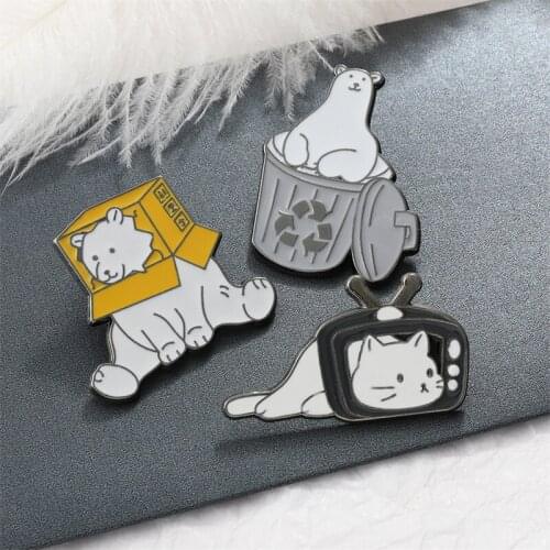 New Cute Animal Polar Bear Cat Enamel Pin Cartoon Brooches for Women Recyclable Bin Television Paper Box Pins Badge Jewelry