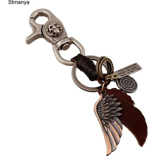 New Fashion Retro Angel wings Pendant Key chain Woven Leather Keychains Alloy Punk Key Rings Jewelry for Men Women Gift 17367