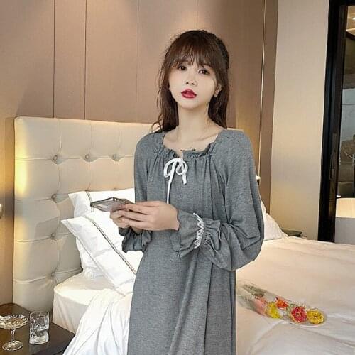 Autumn New Sweet Cute Minimalist Bandage Flare Sleeve Long-Sleeved Nightwear Dress Home Wear Nightdress