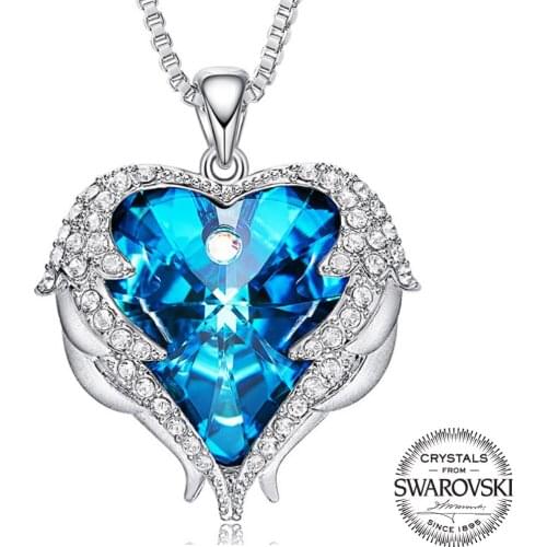 Monemel Blue Swarovski Crystal Heart Necklace Gift Mother 's Day Valentines day (White Gold Plated)