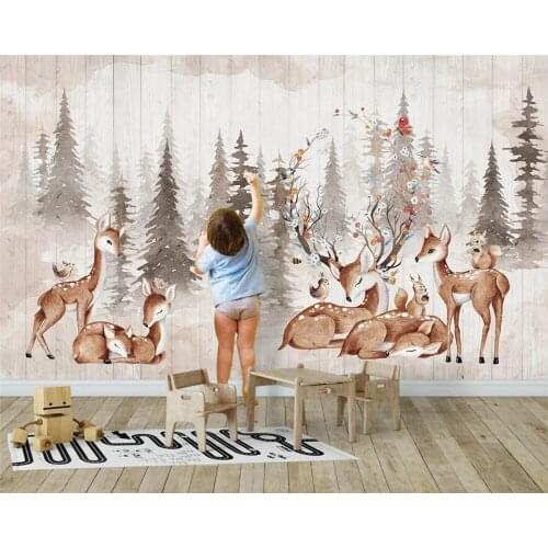 Custom modern minimalist fashion forest retro elk children room background papel de parede 3d Self Adhesive wallpaper Waterproof