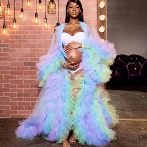 Rainbow Maternity Dress for Photoshoot Ruffled Fluffy Pajamas Party Nightgowns Custom Made Pregnacy Gowns Shoot