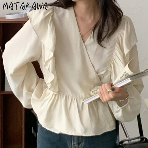Matakawa Woman Shirt Autumn Vintage Cross V Neck Fashion Ruffles All-match Loose Long Lantern Sleeve Blouses Solid Loose Blusas