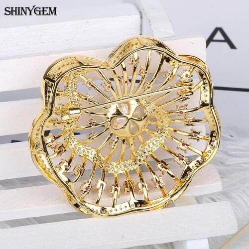 SHINYGEM Trendy Flower Brooches Noble Cubic Zircona Brooch Pave Shell Pearl Gold & Silver Plated Fashion Luxury Brooch For Women