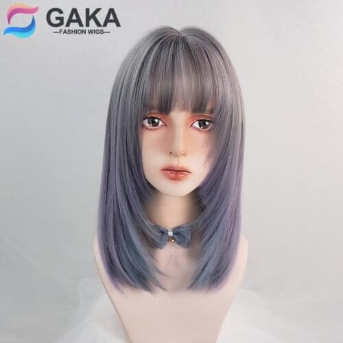Japanese and Korean Wigs Womens Medium Length Synthetic Straight Hair Gradient Color Clavicle Full Headgear Tail Buckle Trendy