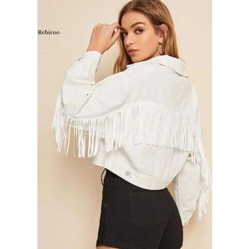 Stylish Fringe Beaded Loose Denim Jacket Coat Women New Autumn Fashion Long Sleeve Casual Ladies Outerwear Chaqueta Mujer