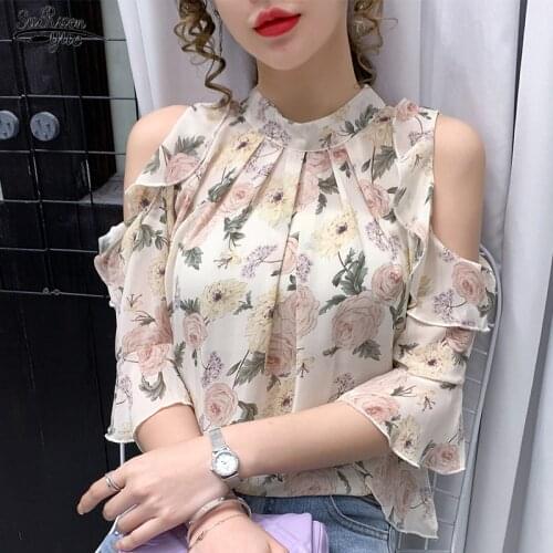 2021 Summer Off-the-shoulder Chiffon Blouse Women Korean Floral Short Sleeve Women Shirts Elegant Printing Female Clothing 13708