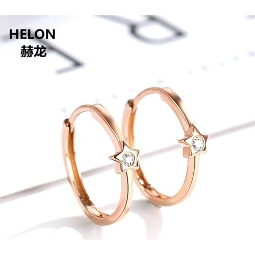 Solid 14k Rose Gold Women Hoop Earrings Engagement Wedding Natural Diamonds Stars