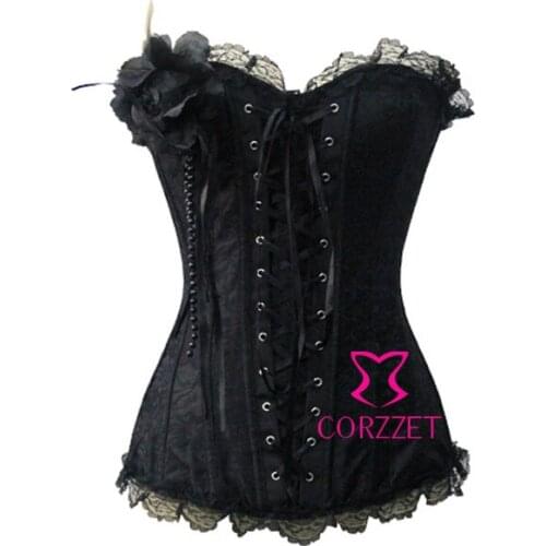 New Lace Satin Gothic Corset Burlesque Overbust Bustier Top Sexy Lingerie Corpete Corselet S-2XL 4 Colors Black/Red/Purple/White