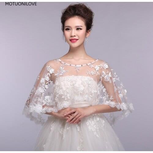 2019 Beach White Lace Wedding Bolero Girls Cape Bridal Wraps Womens Shawl Beaded Crystal Pretty Adult Jacket for Weddings Party
