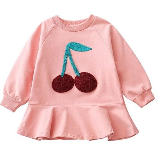 Dresses Baby Girl Spring New Petticoat Candy Color Cherry Crew Neck Casual Cute Young Trees Cotton Soft Full Sleeve Coat Clothes