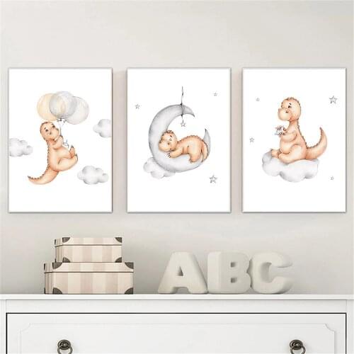 Cartoon Dinosaur Poster Nursery Art Print Baby Animal Canvas Painting Cloud Moon Wall Art Pictures Nordic Kids Room Decoration