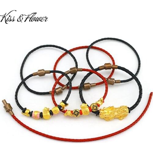KISS&FLOWER BR138 2021 Fine Jewelry Wholesale Fashion Lovers Couple Birthday Wedding Gift PIXIU 24KT Gold Leather Cord Bracelet