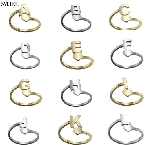 Unisex Gold Color A-Z 26 Letters Initial Name Rings for Women Men Heart Stainless Steel Creative Finger Rings Jewelry Wholesale