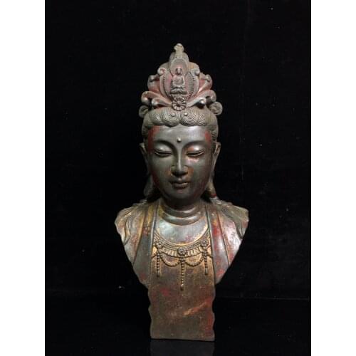 12"Chinese temple collection Old Bronze Cinnabar Lacquer Guanyin Bodhisattva Buddha Head Tibetan Buddha Ornaments Town House
