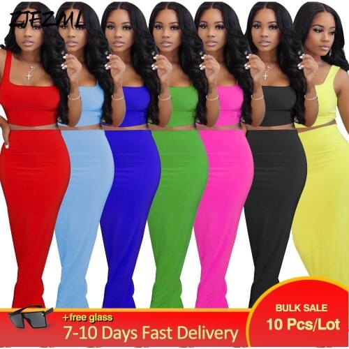 Bulk Items Wholesale Lots Womens Dress Set Square Collar Sleeveless Slim Fit Crop Top+holiday Beach Wear Skirt Casual Outfits