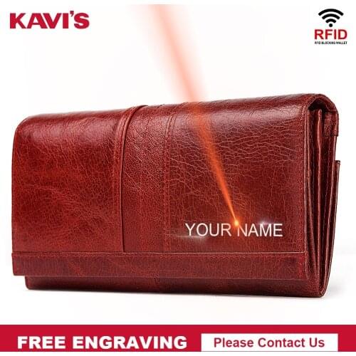 KAVIS Free Engraving Genuine Leather Women Wallet Female Coin Purse Hasp Portomonee Clutch Money Bag Lady Handy Long Girls