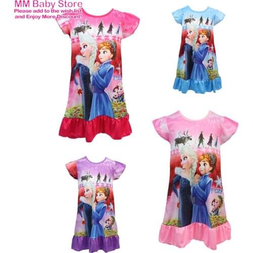 Disney Summer Girls Cartoon Princess Print Short Sleeve Dress Baby Childrens Home Casual Sleepwear Robe Nightgowns Clothes 3-9Y