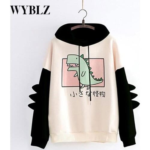 Cute Women Casual Print Sweatshirt Long Sleeve Splice Dinosaur Funny Cartoons Hoodies Plus Velvet Oversize Women Top Winter 2021