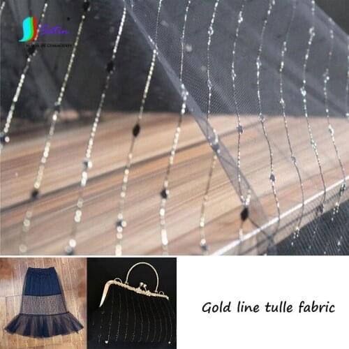 Fashion Dress Diy Bag Material High-grade Black Embroidery Lace Stripe Gold Line Tulle Fabric 2Meters S0823L