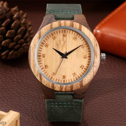 Trendy Green Genuine Leather Watch Band Men Wood Watch Arabic Numerals Display Round Dial Male Natural Wooden Clock Pin Buckle