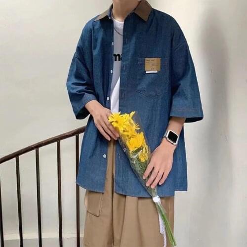 Mens 2021 American Retro Denim Coats Lapel Collar Short Sleeve Shirts Summer New Loose Design Blue Color Shirts Plus Size M-2XL