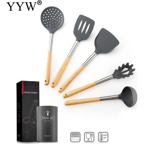 Silicone Cooking Utensils Sets 6pcs Kitchen Cooking Utensil Set Black Turner Tongs Spatula Soup Spoon Silicone Set Kitchen Tools