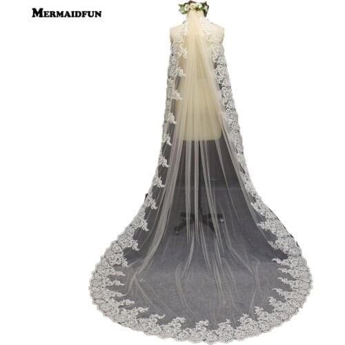New Long Lace Edge Single Tier Champagne Wedding Veil with Comb 3 M Cathedral Length Bridal Veil Veu de Noiva