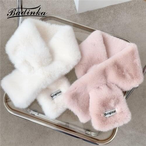 2021 New Solid Color Neck Collar Muffler Bandana Women Winter Black White Pink Faux Rabbit Fur Neck Warmer Scarfs for Ladies