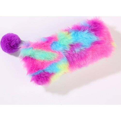 New Multi-Color Rainbow Pencil Case Women Girls School Supplies Cute Faux Rabbit Fur Ball Makeup Storage Pompom Cosmetic Bag