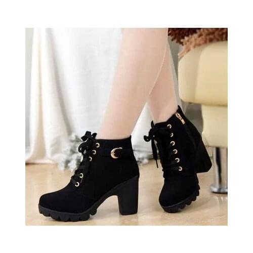 Autumn and Winter New High Heel Women 's Boots Cross Strap Short Boots Chunky Heel Martin Boots Leather Boots