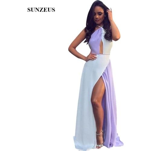 Two Color Bridesmaid Dresses 2020 Purple Ivory Contrast Color Party Dress Halter Neck Front Slit Prom Long Gown BDS060