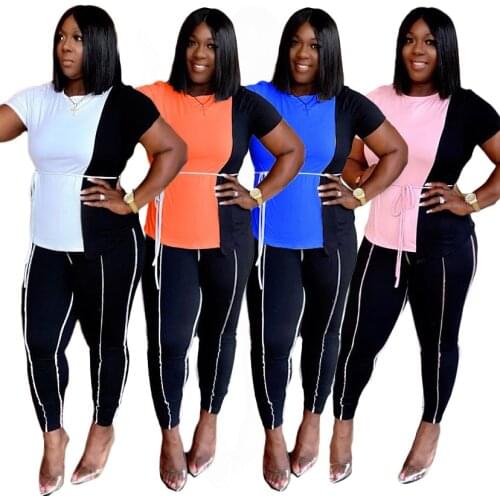 Patchwork Color Contrast Two Piece Sets O Neck Short Sleeve T-Shirt Top Skinny Long Pants Casual Party Streetwear Outfits