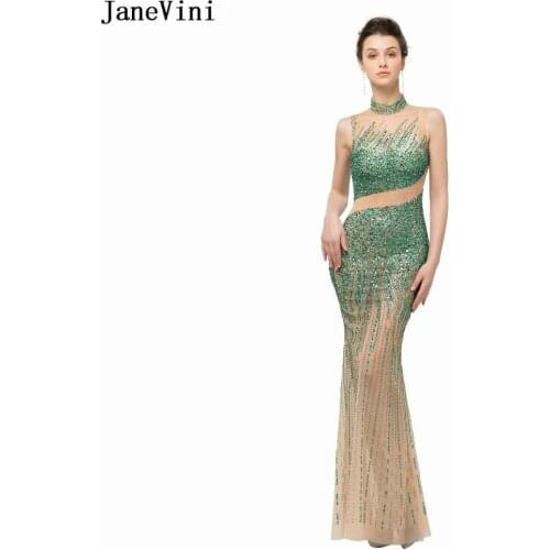 JaneVini Luxury Green Heavy Beaded Mother of The Bride Dresses High Neck Sexy Perspective Mermaid Tulle Long Evening Party Gowns