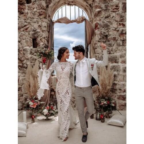 Boat Neck Mermaid Cut Out Lace Wedding Gowns Boho Long Batwing Sleeves 2021 Custom Made Backless Ceremony Plus Size Bridal Dress