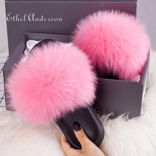 New Fluffy Real Fox Raccoon Fur Star Slides Sweet Lady Fur Slippers Furry Sandal Flip Flops Home Fuzzy Female Casual Plush Shoes