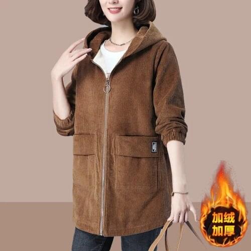 Corduroy Jacket For Women 2021 New Autumn Winter Korean plus velvet Casual Hooded Middle-aged Mother Windbreaker Coat Plus Size